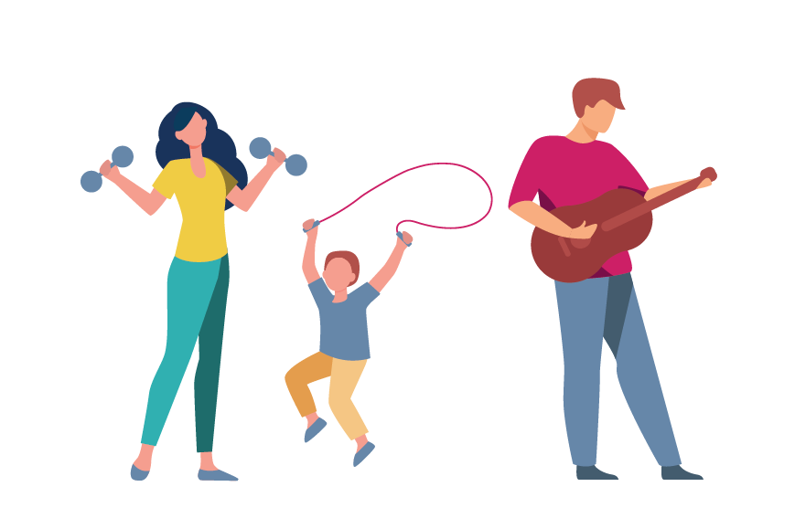 Illustration de deux adultes et d'un enfant qui pratiquent une activité