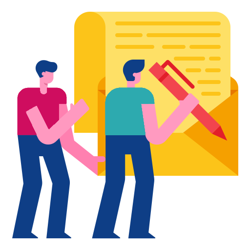 Illustration de deux personnes remplissant un formulaire