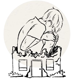 Illustration d'un enfant accroupi dans une maison en ruine